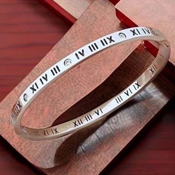 Retro Round Titanium Steel Inlay Zircon  ROMAN NUMERAL BRACELET SILVER - Picture 1 of 1